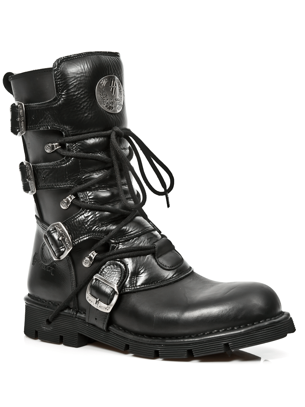 New Rock unisex black buckled and lace-up mid-calf boots, edgy punk rock design with a shiny cowhide finish.