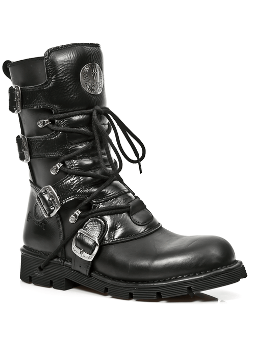 NEW ROCK Damen Schwarze Schnallen- und Schnürstiefel in mittlerer Wadenhöhe