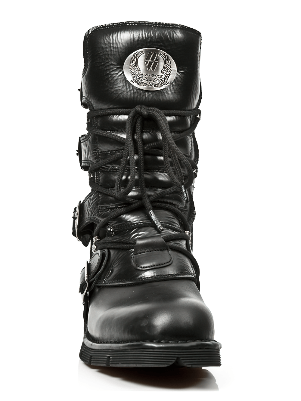 Front view of New Rock black buckle and lace-up mid-calf boots, showcasing edgy punk rock style and unique design.
