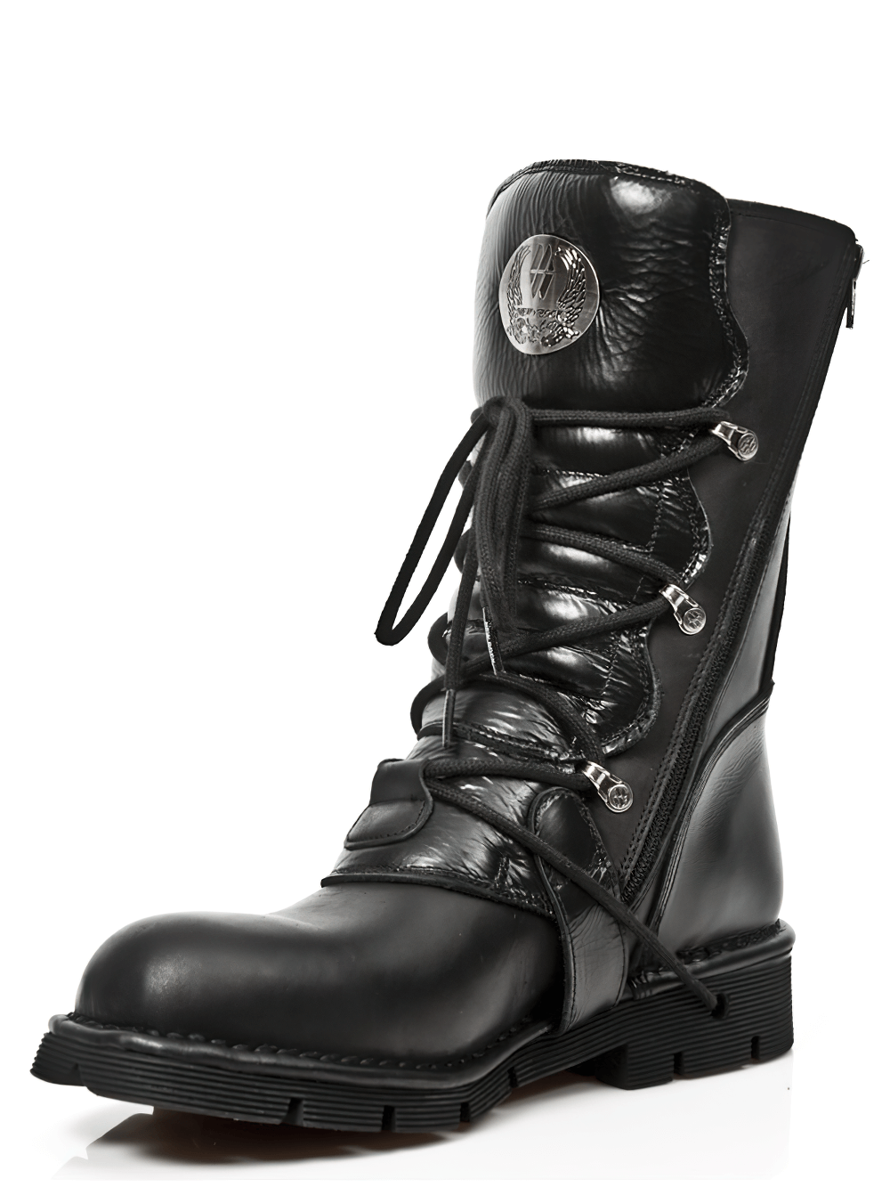 New Rock black buckle and lace-up mid-calf boots, edgy punk style with a cowhide exterior and unique gothic flair.
