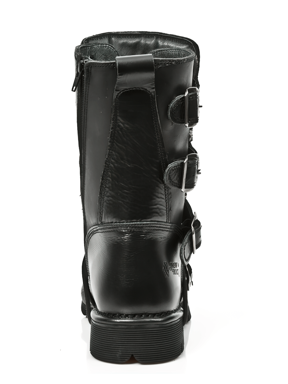Back view of New Rock Black Buckle and Lace-up Mid-Calf Boots showcasing edgy punk rock style and cowhide details.