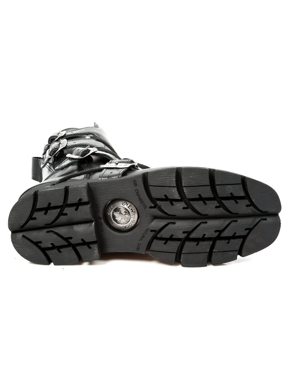Bottom view of New Rock Black Buckle and Lace-up Mid-Calf Boots showcasing rugged tread and goth-inspired design.