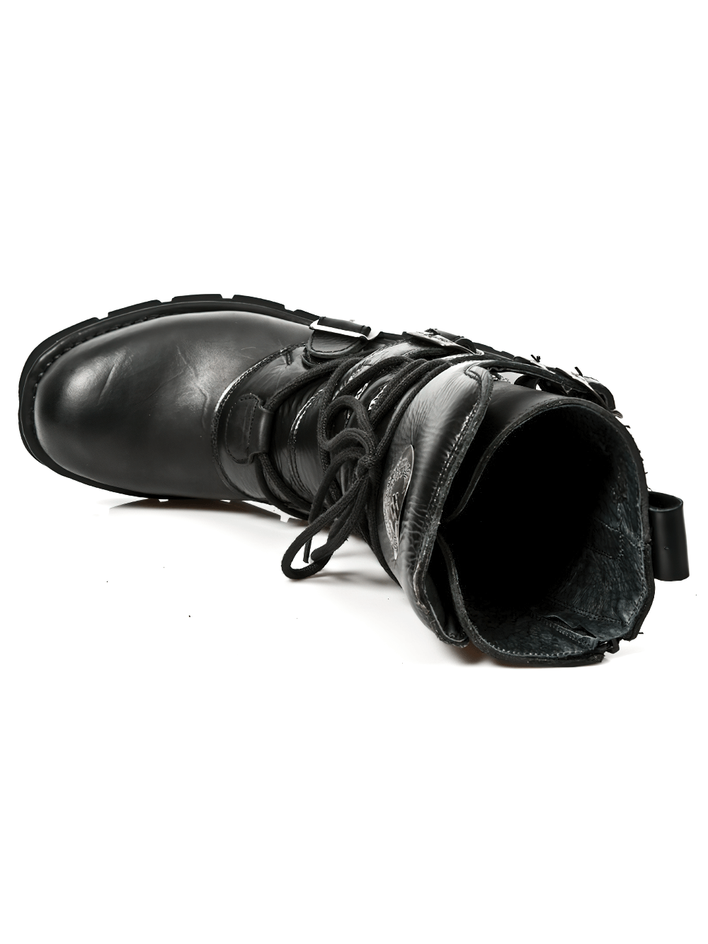 Top view of New Rock black mid-calf boots with buckles and laces, showcasing edgy punk rock style.
