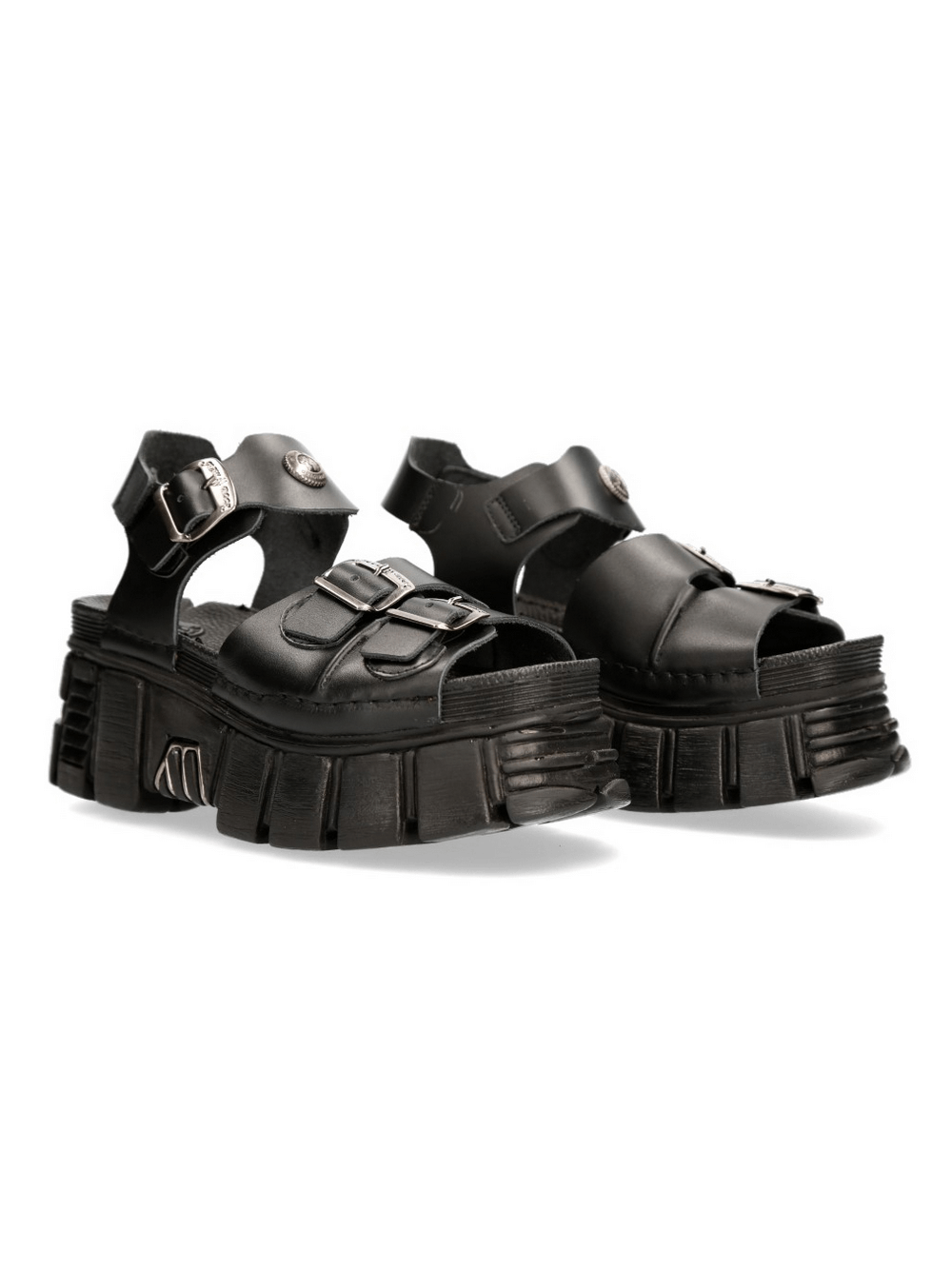 NEW ROCK Men's Black Buckled Platform Sandals with Urban style, crafted from durable leather for a punk rock look.