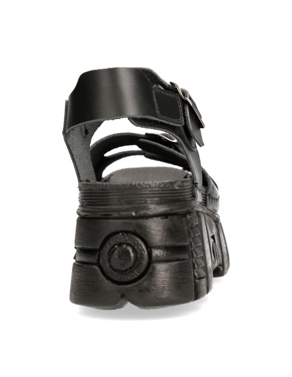 Back view of NEW ROCK Men's Black Buckled Platform Sandals showcasing urban style and punk design.