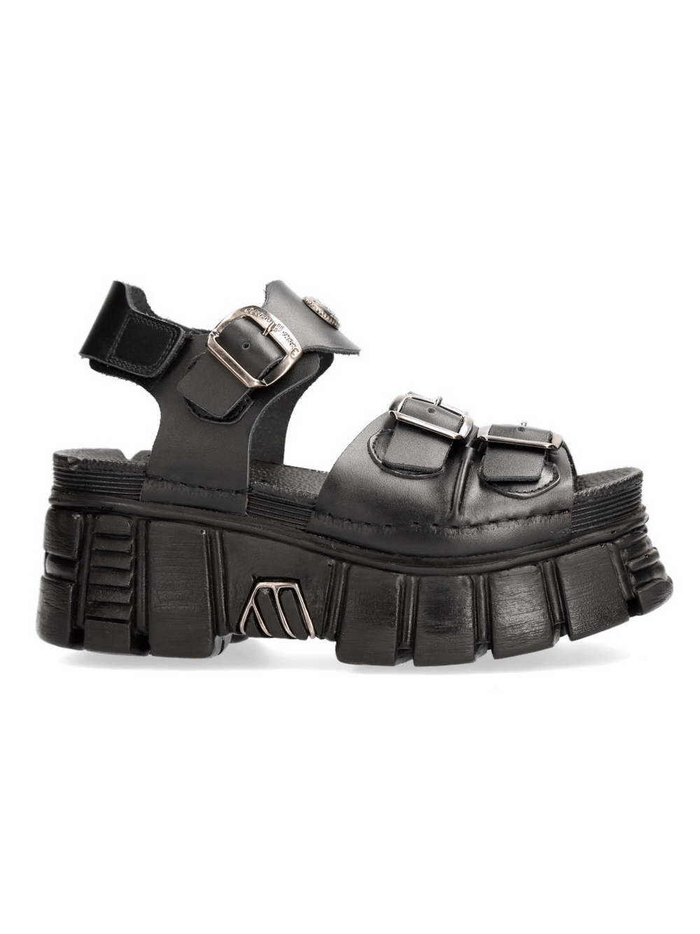 Men's black leather buckled platform sandals with a chunky sole, embracing urban punk style.