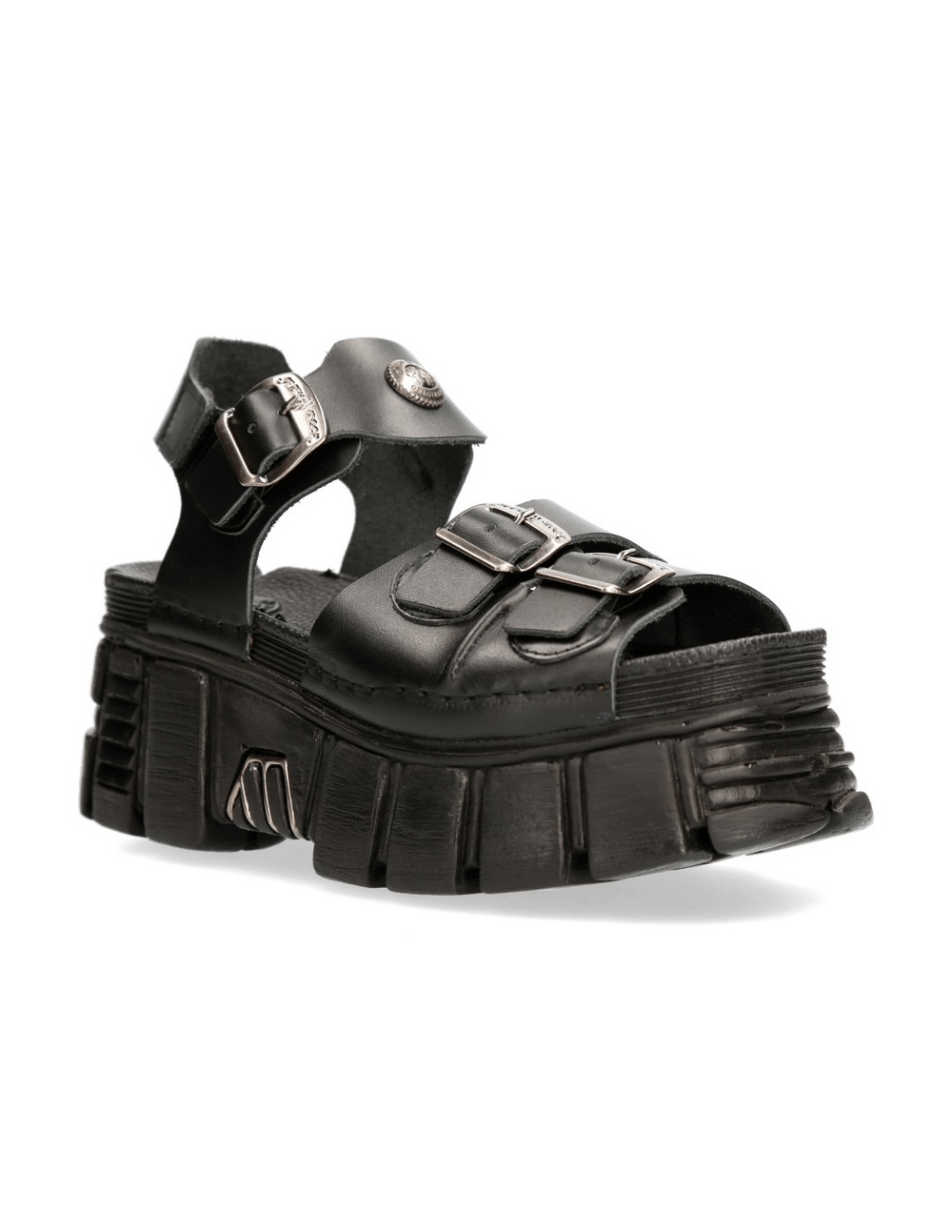 NEW ROCK black buckled platform sandals with urban style, featuring genuine leather and punk design.