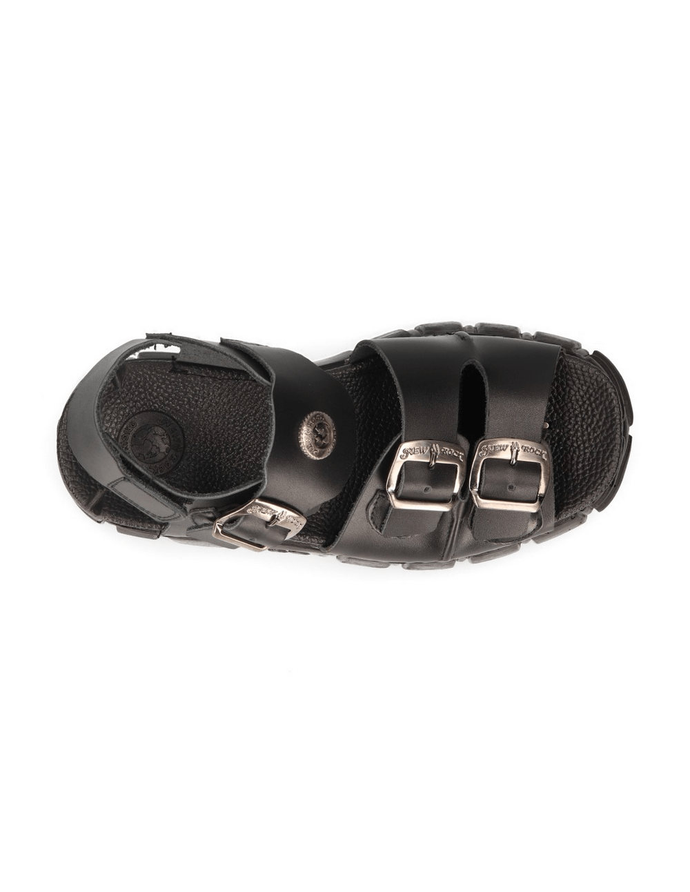 Top view of NEW ROCK black buckled platform sandals showcasing a punk urban style design.