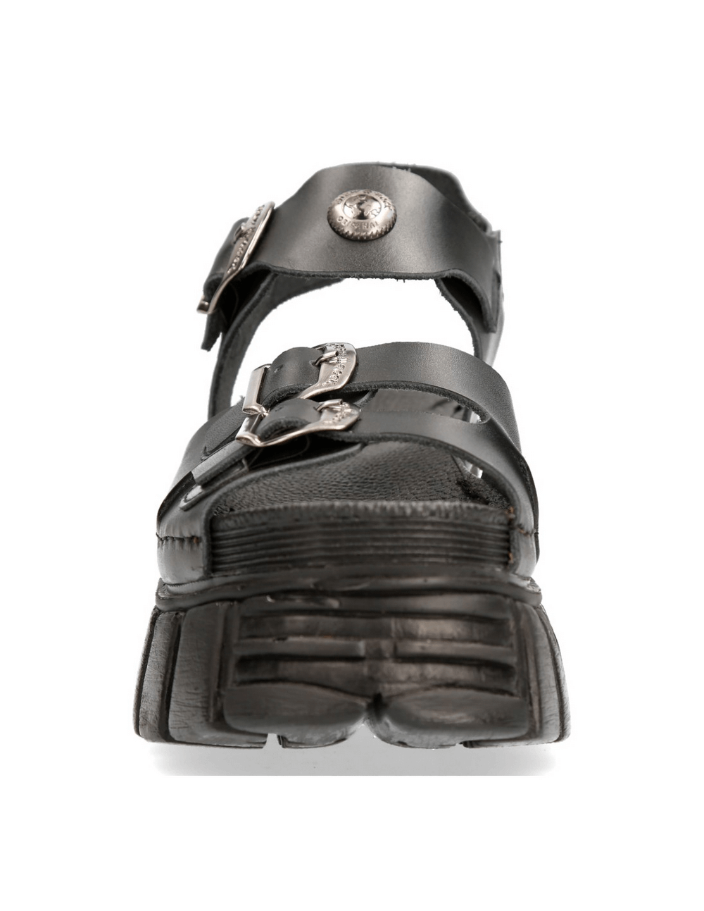Front view of NEW ROCK Men's Black Buckled Platform Sandals, punk-style with genuine leather and secure buckle clasp.