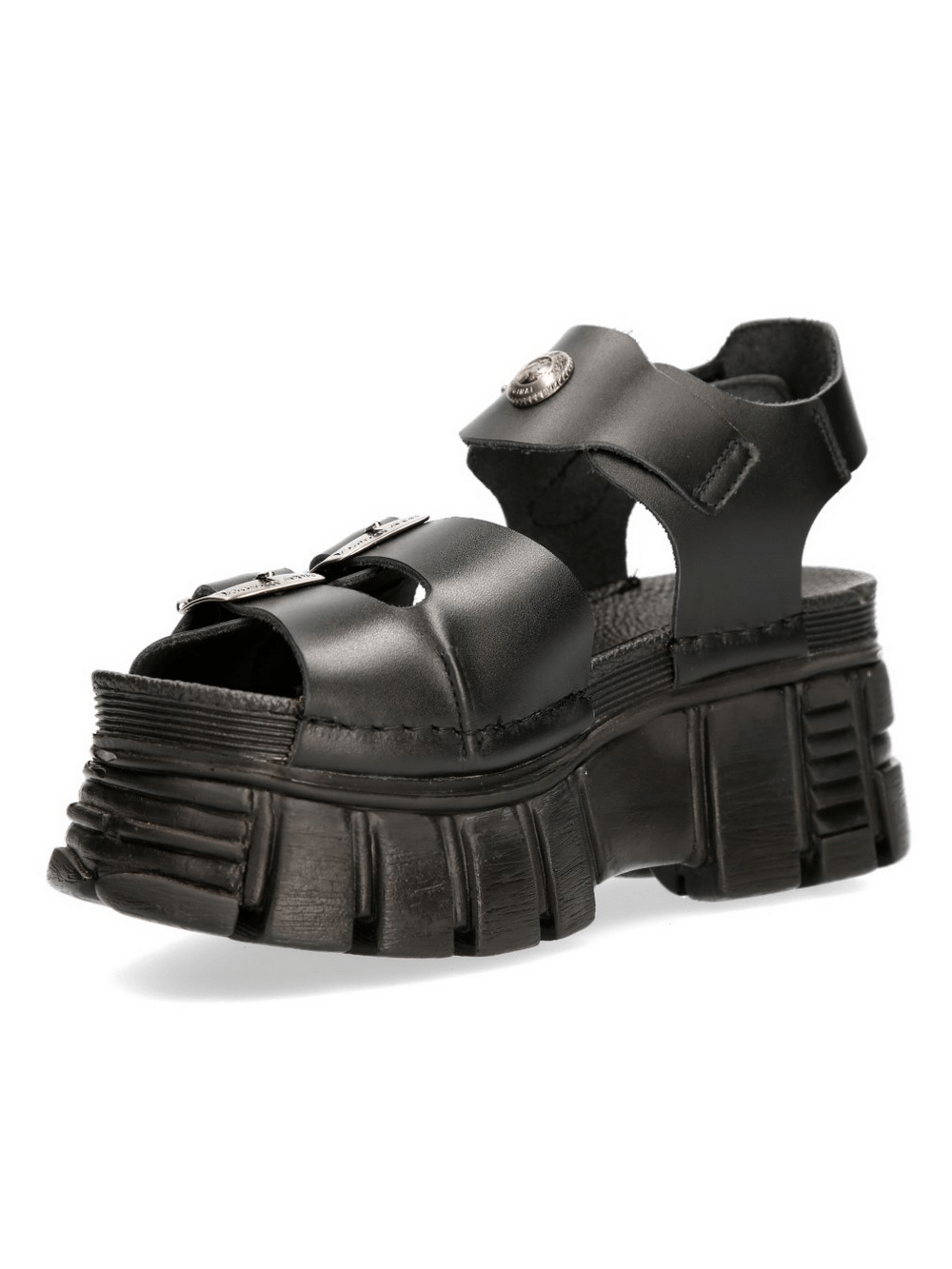 NEW ROCK Men's black buckled platform sandals showcasing an urban punk style with a chunky sole.