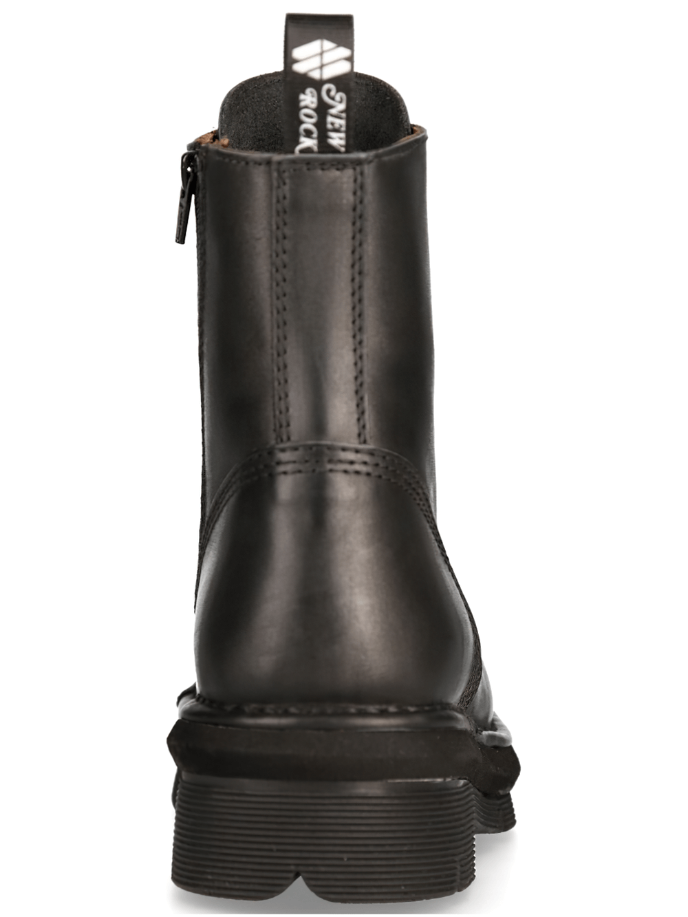 Back view of NEW ROCK Black Combat Ankle Boots showcasing the sleek leather design and sturdy rubber sole.