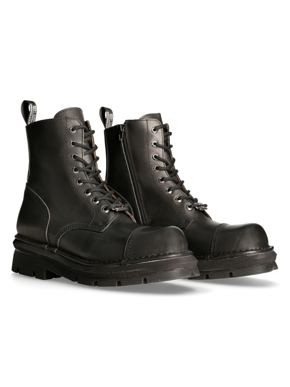 NEW ROCK Black Combat Ankle Boots with cord clasp, rugged military-style footwear for durability and style.