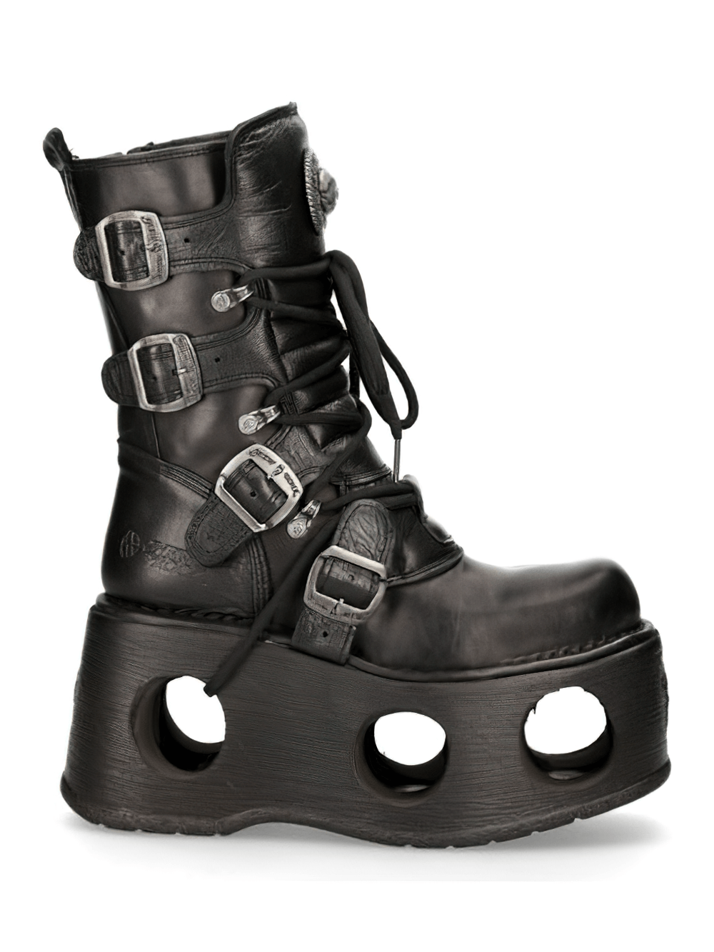 NEW ROCK Black Cyberpunk Boots with multiple buckles and bold platform. Perfect for gothic and cyberpunk styles.