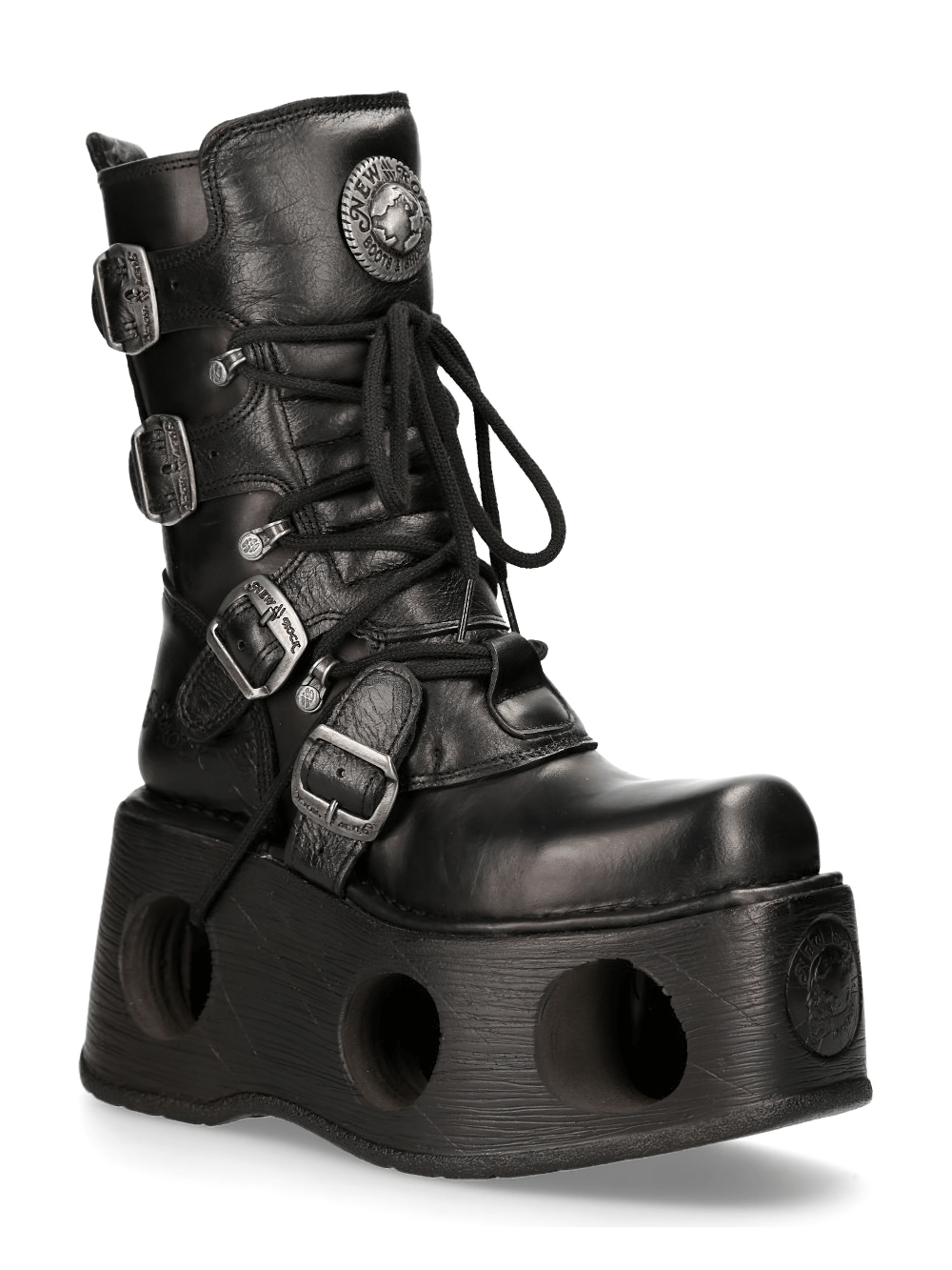 NEW ROCK black cyberpunk boots with multiple buckles and a bold 13 cm platform for urban style.