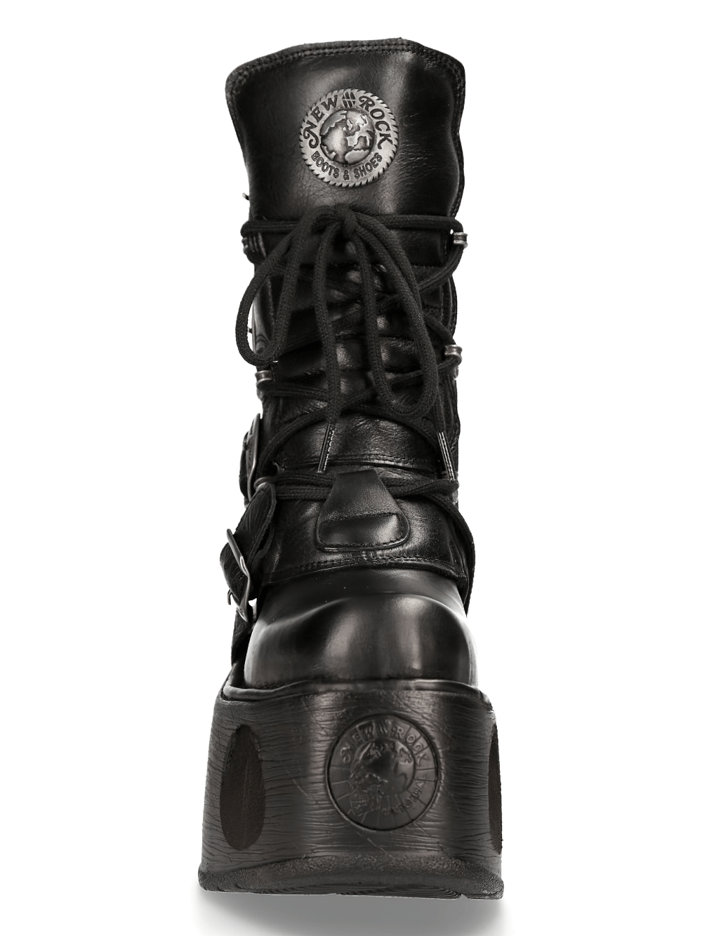 Front view of NEW ROCK black cyberpunk boots with lace-up design and multiple buckles, showcasing a bold platform.