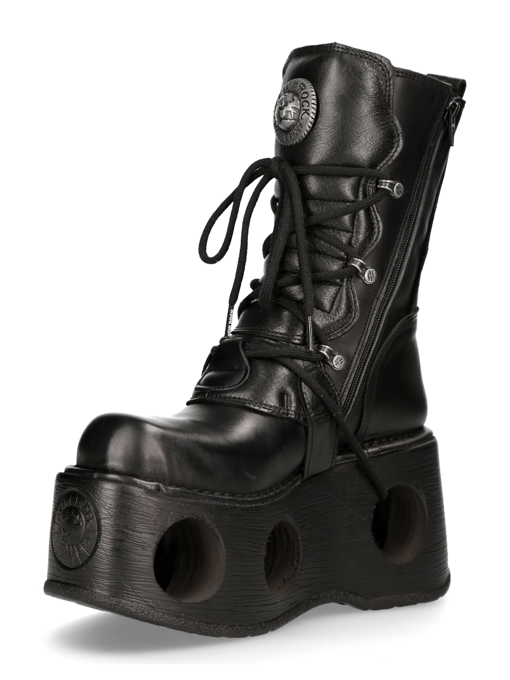 NEW ROCK Black Cyberpunk Boots featuring multiple buckles, lace-up design, and a bold 13 cm platform.