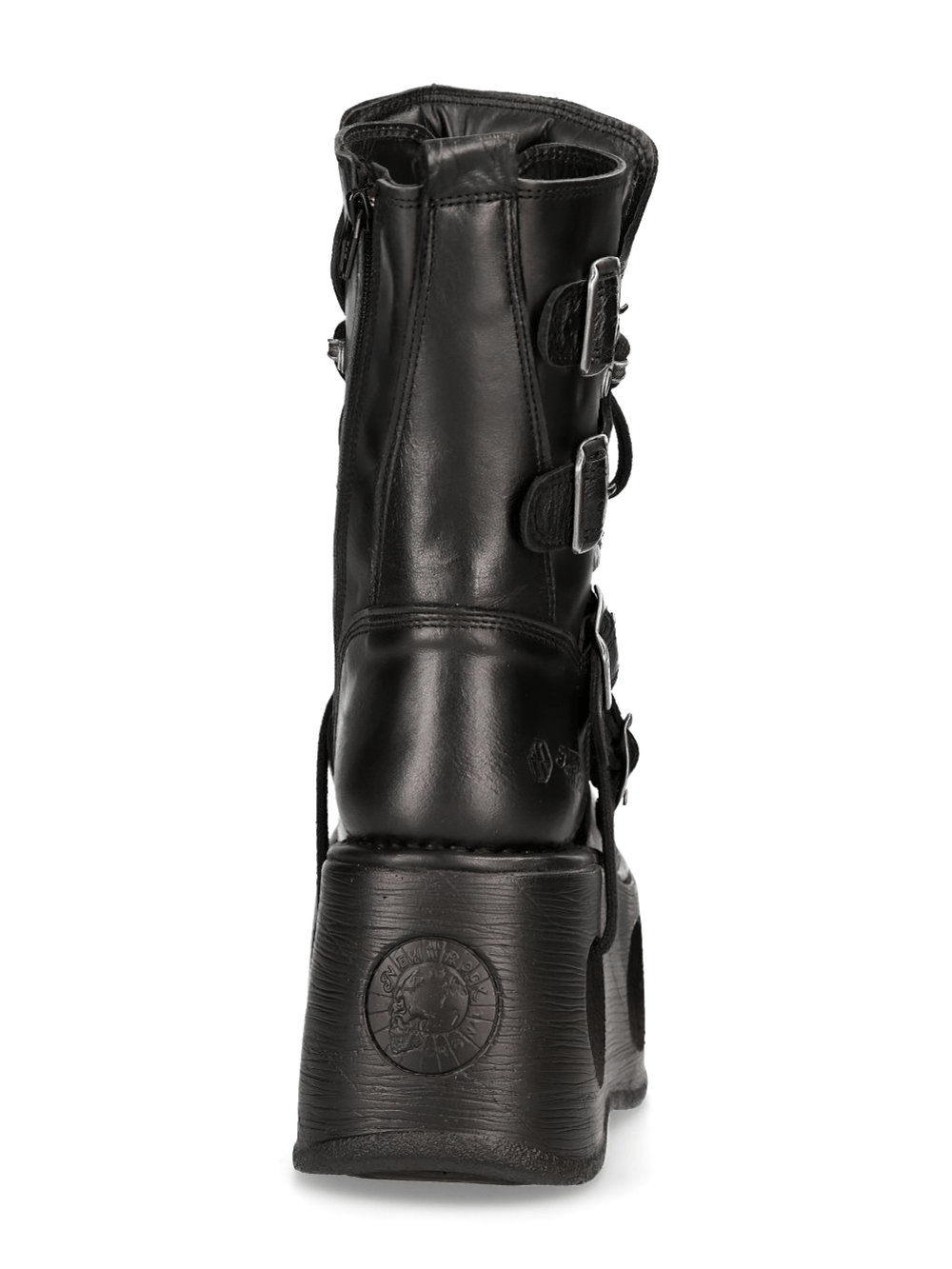 Back view of NEW ROCK black cyberpunk boots with multiple buckles and a bold platform, perfect for gothic enthusiasts.