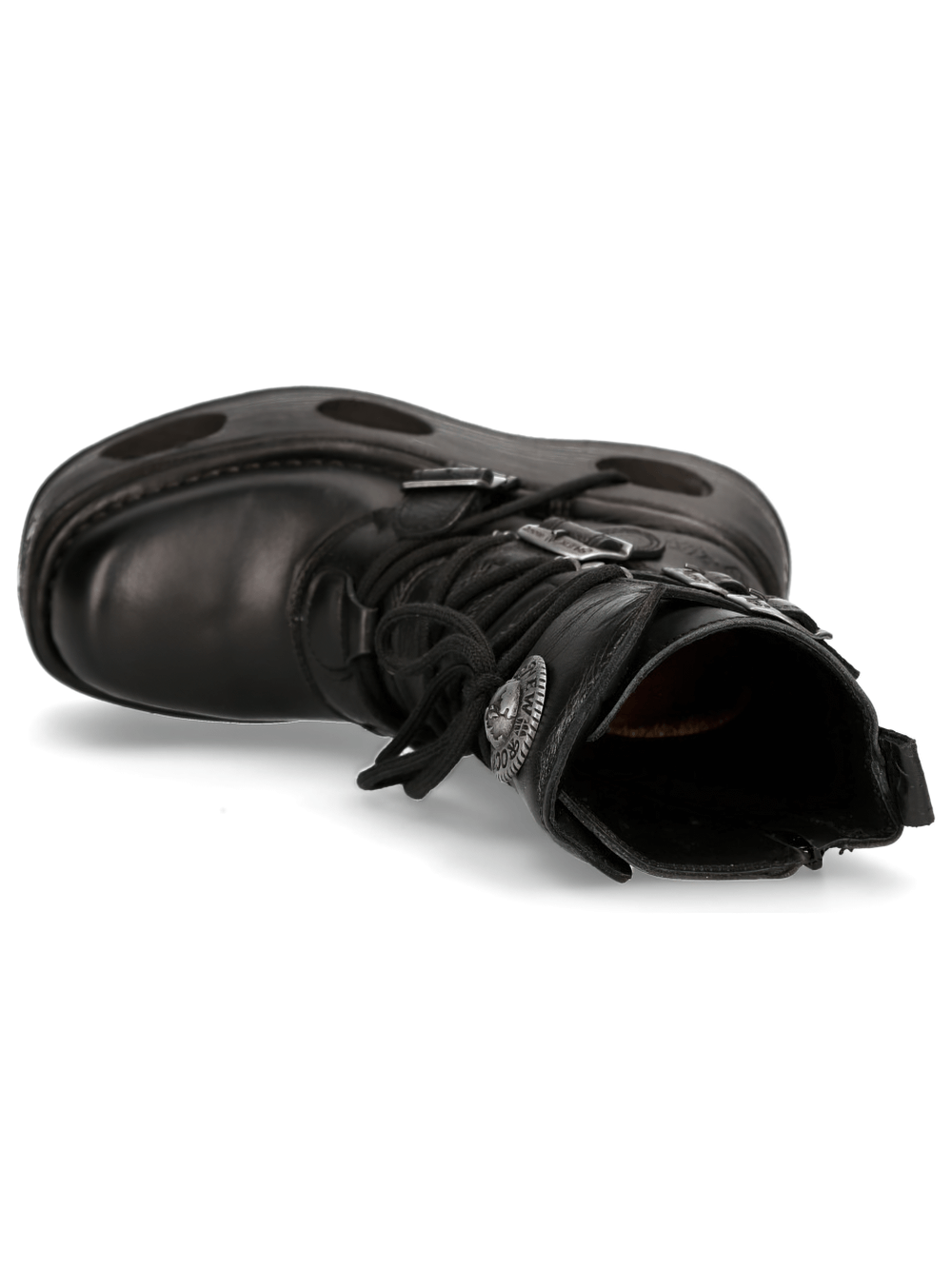 NEW ROCK Black Cyberpunk Boots with buckles and lace-up design for a bold, edgy look.