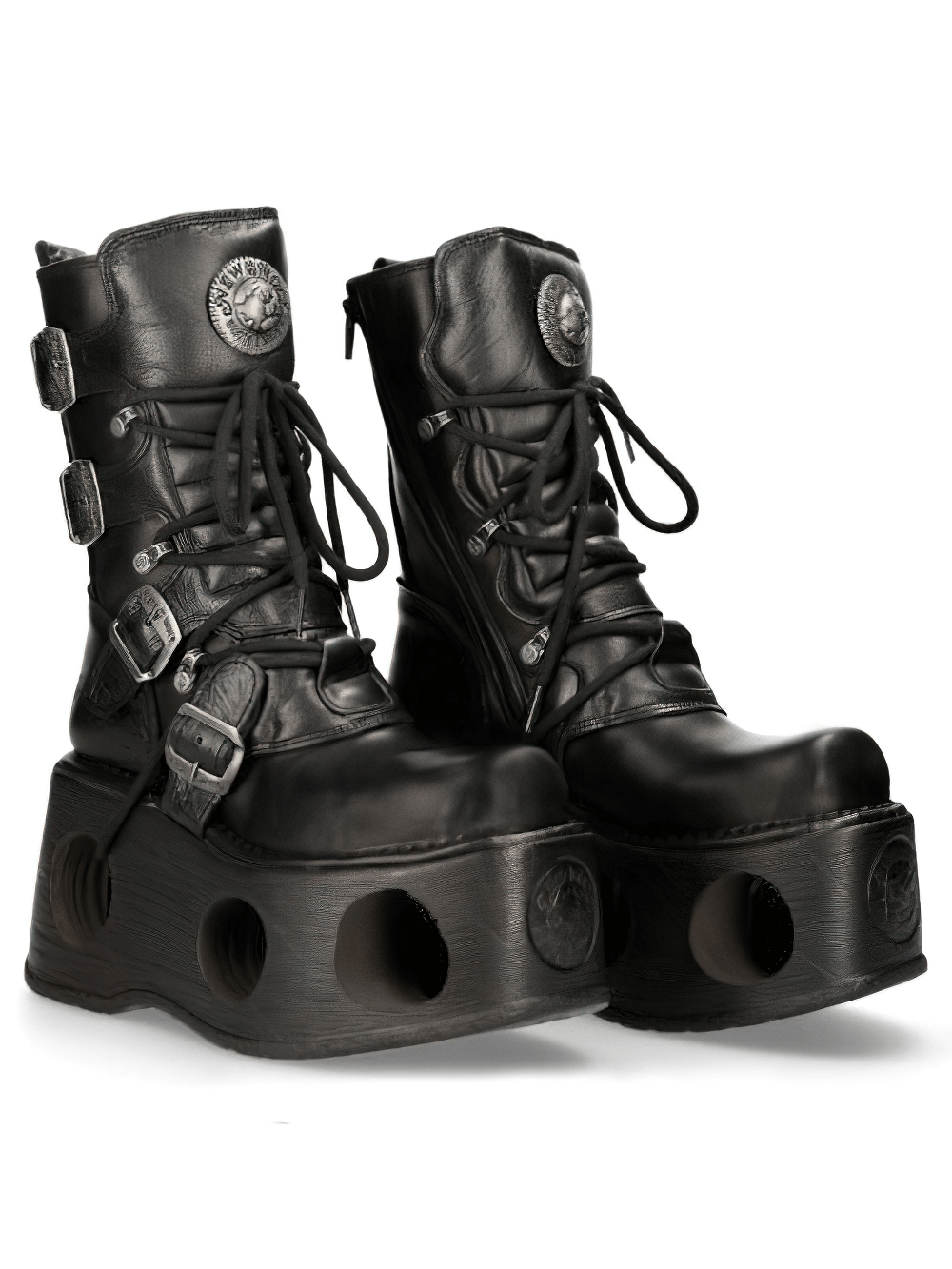 NEW ROCK Black Cyberpunk Boots with buckles and a bold 13 cm platform, perfect for goth and cyberpunk enthusiasts.