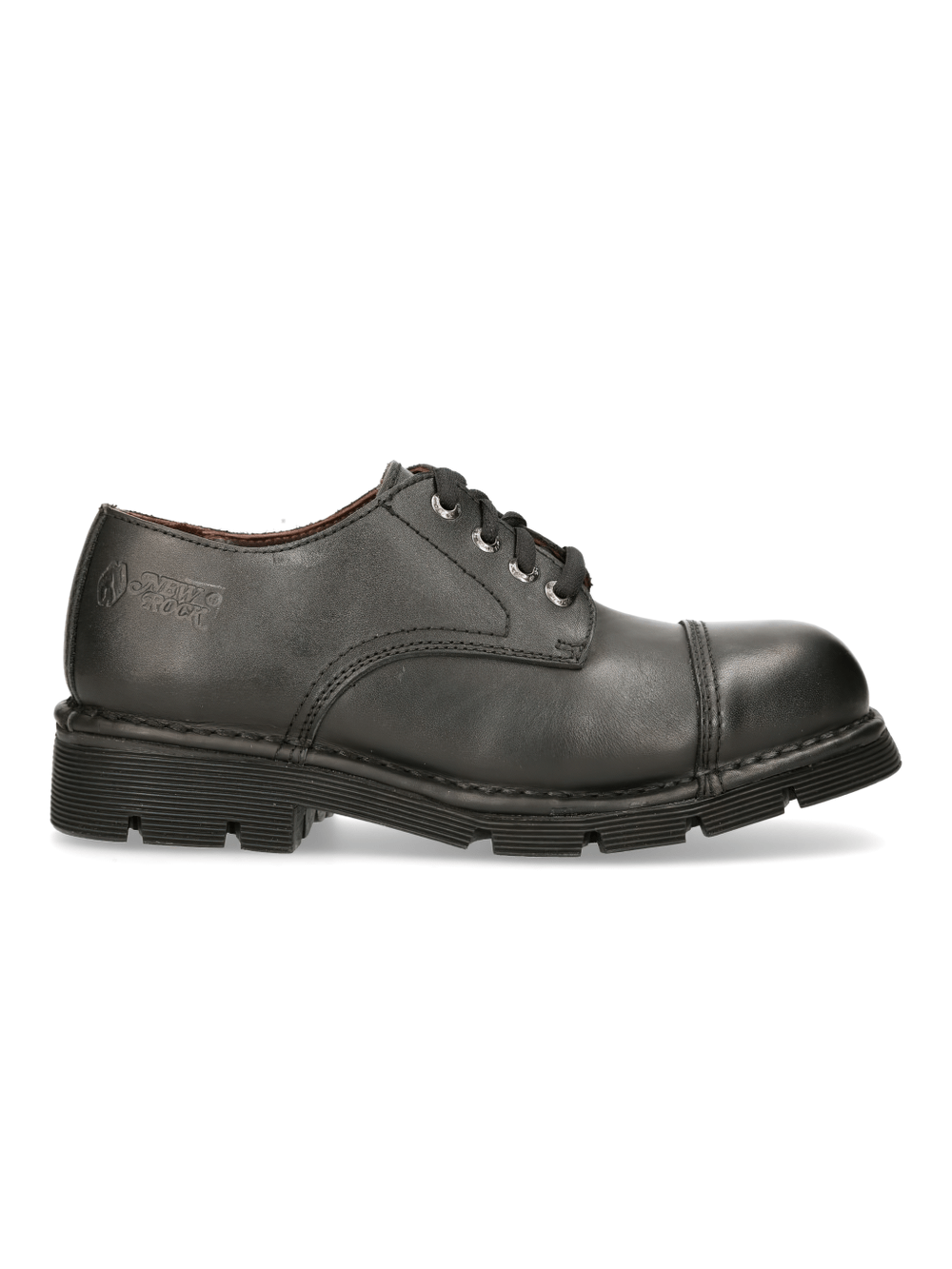 NEW ROCK Black leather flat-sole shoes with urban and military style, featuring cord laces and durable rubber soles.