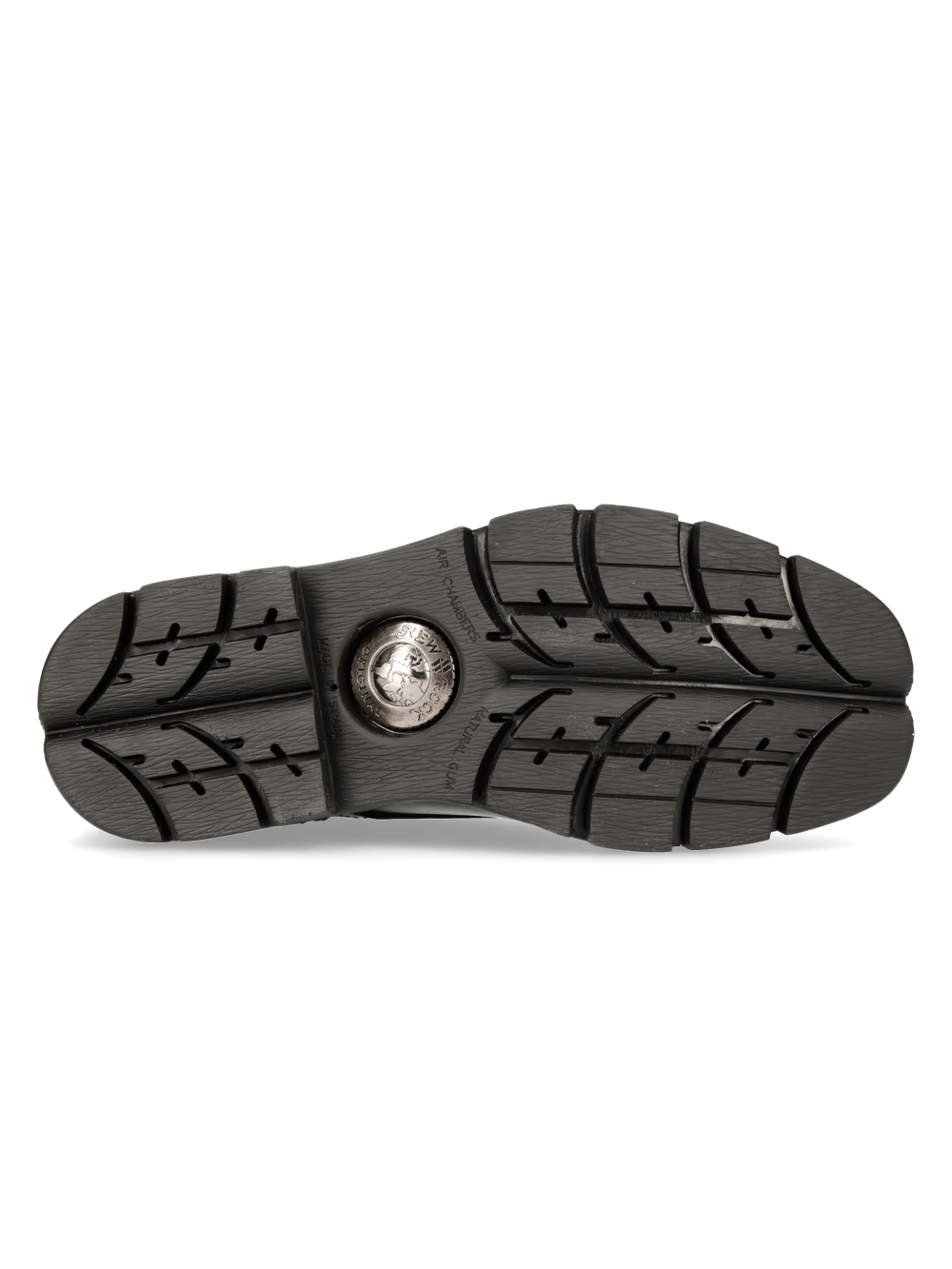 Bottom view of NEW ROCK black flat-sole shoe with durable rubber sole and unique traction design.