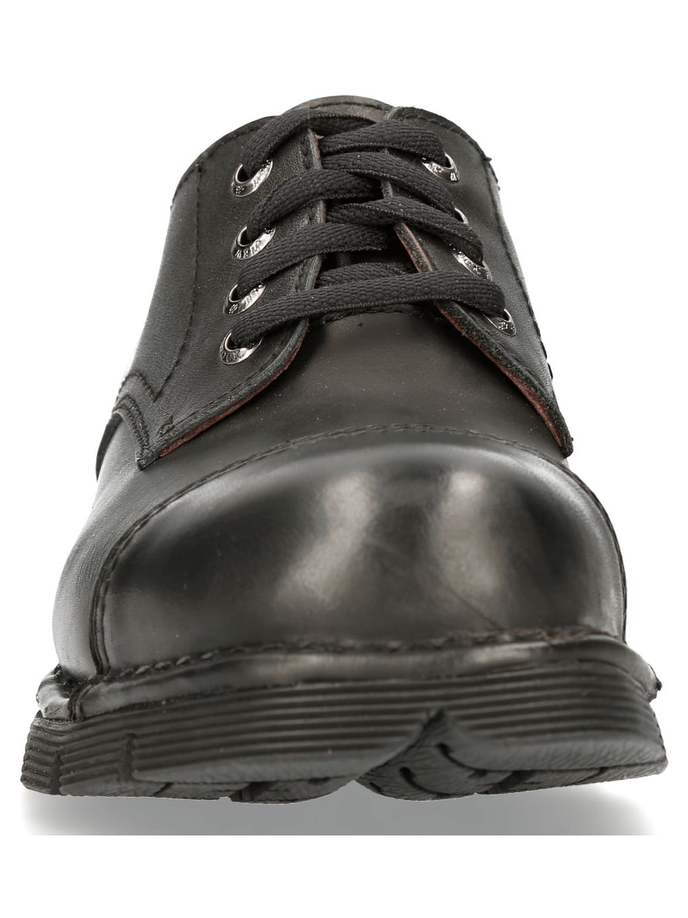 Front view of NEW ROCK black flat-sole shoes showcasing urban military style and elegant craftsmanship.