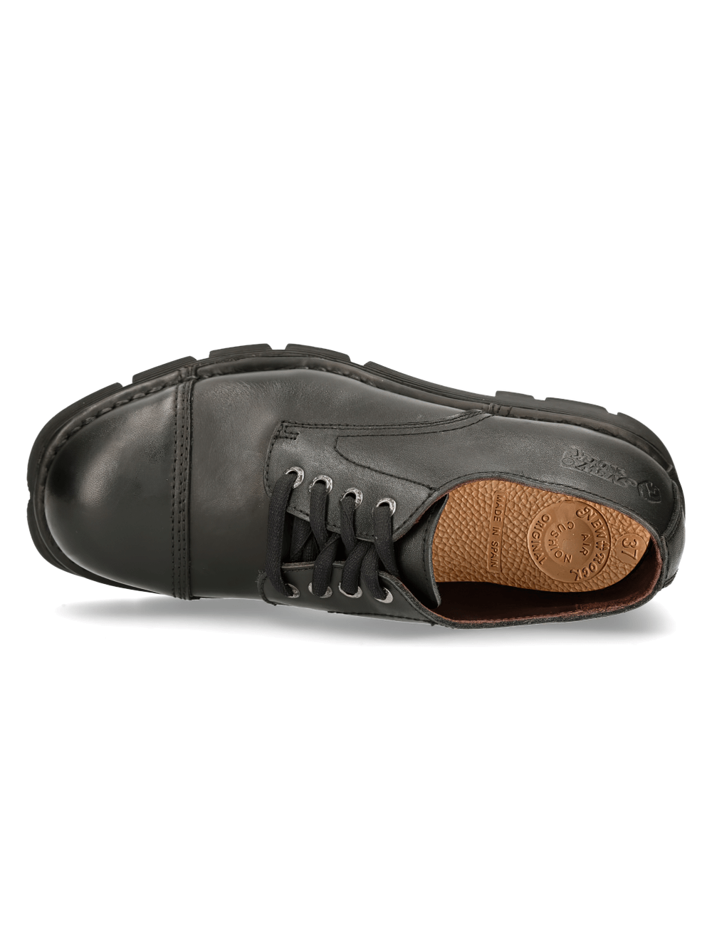 NEW ROCK elegant black flat-sole shoes with military style, featuring premium leather and durable rubber soles.