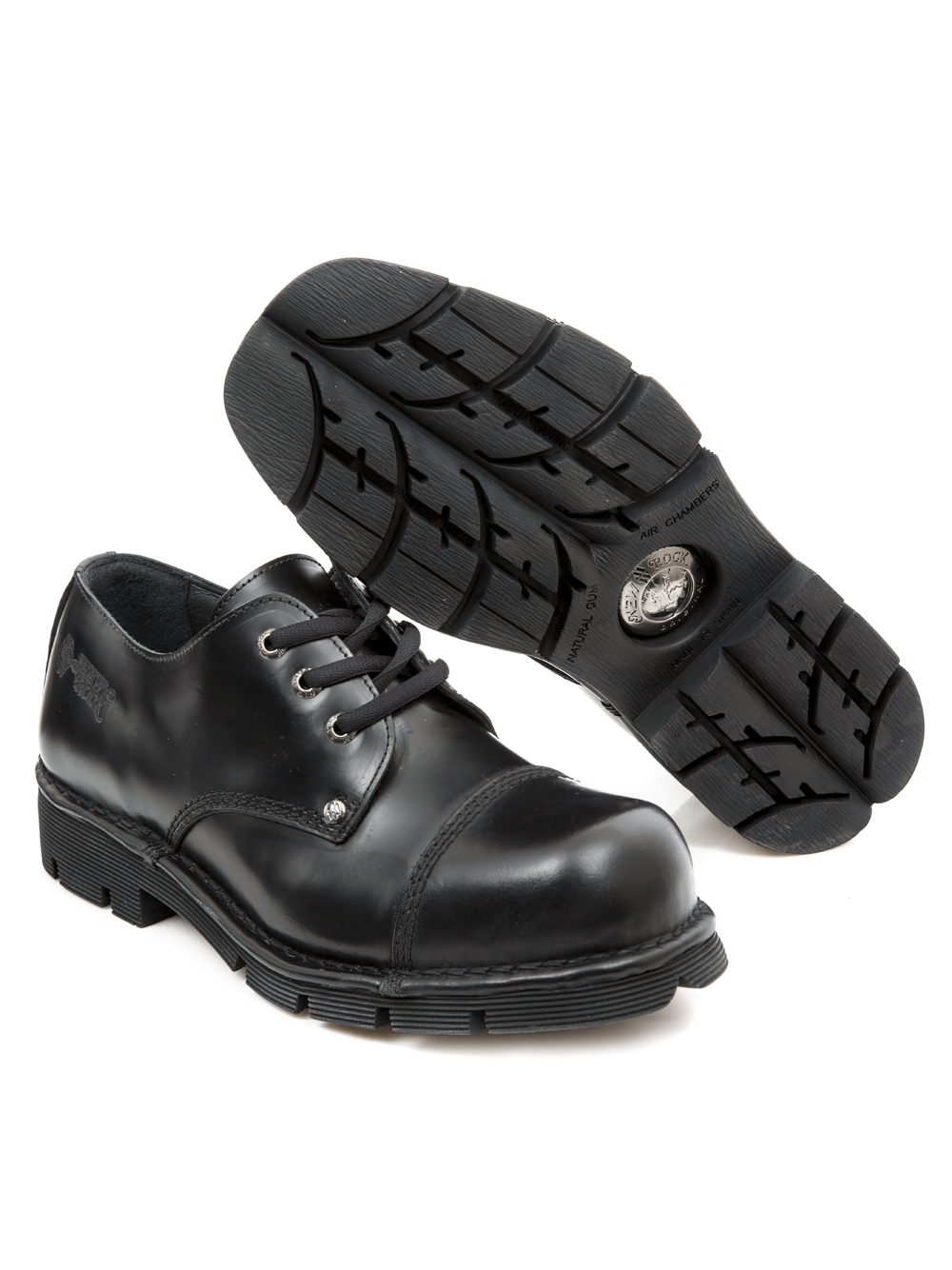 NEW ROCK black flat-sole leather shoes with urban and military style, featuring durable natural rubber soles.