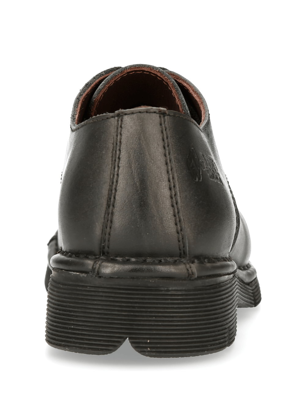 Back view of elegant black leather flat-sole shoes with premium rubber soles, perfect for urban military fashion.