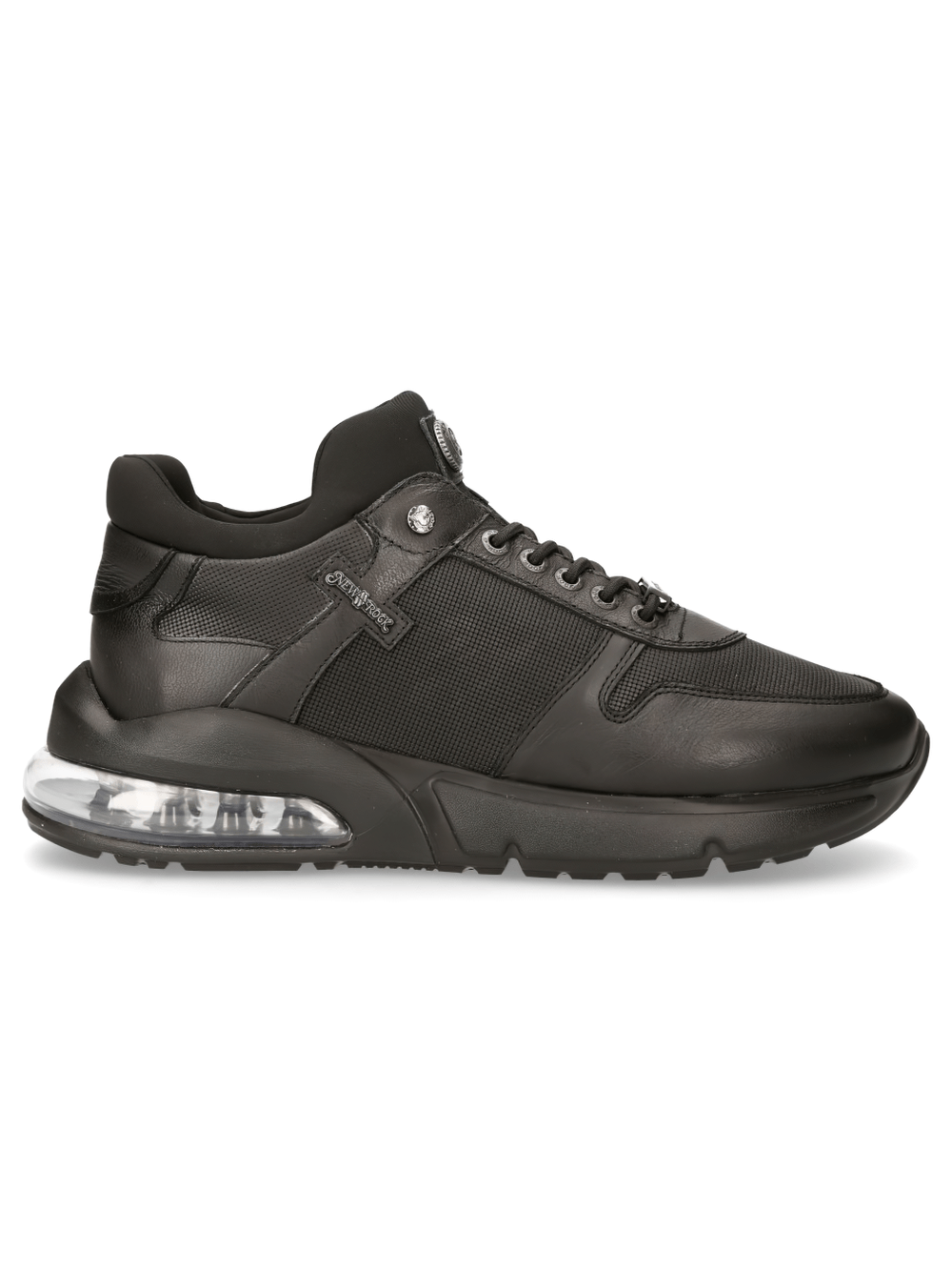 NEW ROCK Black Genuine Leather Lace-Up Urban Sneakers with cushioned sole and sleek design.