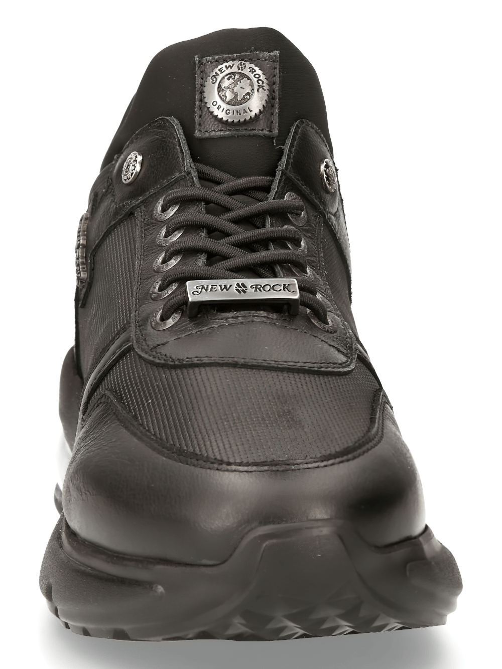 Front view of NEW ROCK black genuine leather lace-up urban sneakers for men, featuring a sleek design and durable sole.