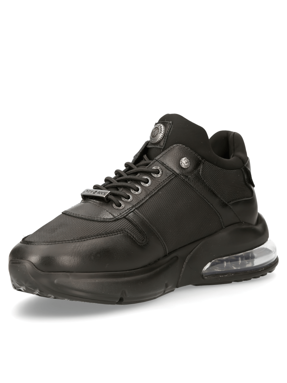 NEW ROCK Black Genuine Leather Lace-Up Urban Sneakers showcasing a sleek design with a cushioned sole for durability.