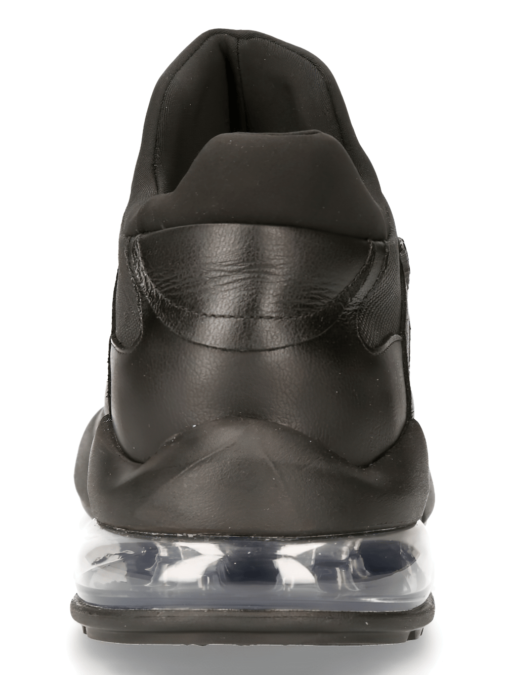 Back view of NEW ROCK Black Genuine Leather Lace-Up Urban Sneakers showcasing sleek design and durable glued PU sole.