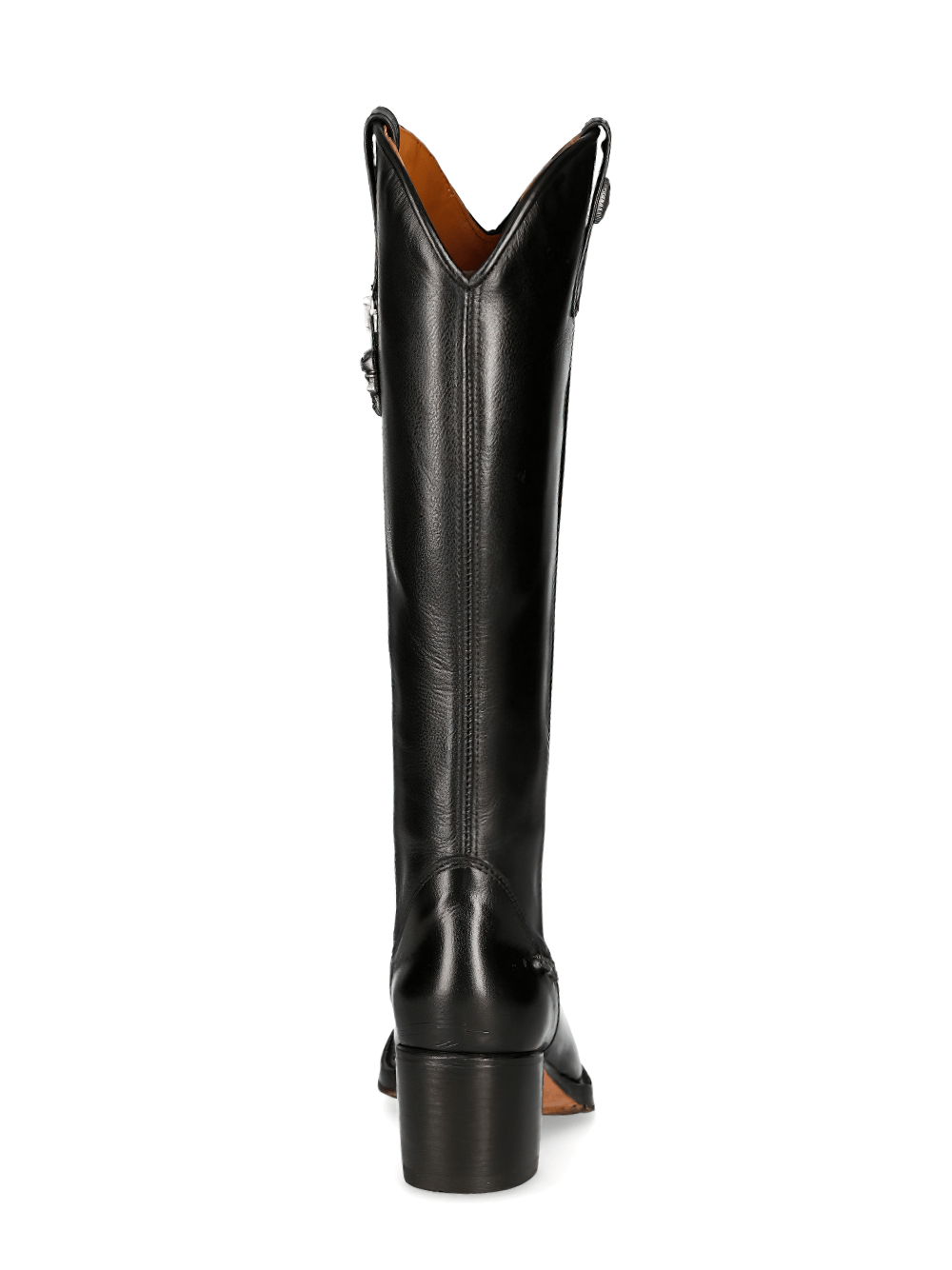 Back view of NEW ROCK Black Goodyear-Welt High Boots with zipper, showcasing sleek leather and stylish design.