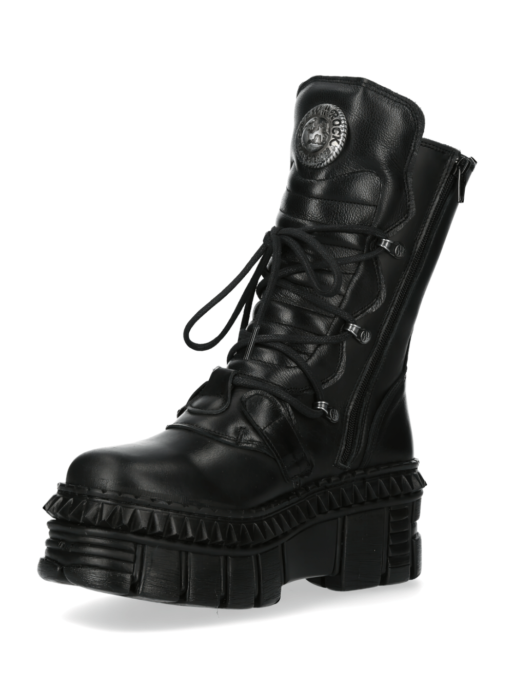 NEW ROCK black gothic ankle boots with buckles, laces, and chunky sole for punk rock fashion enthusiasts.