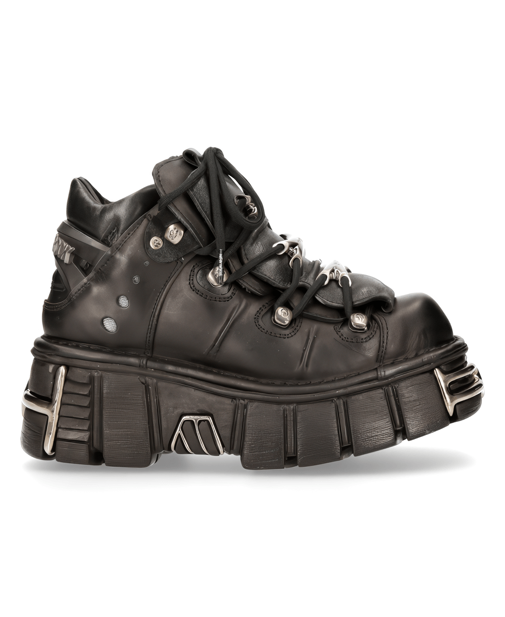 NEW ROCK Black Gothic Ankle Boots with Metallic Accents and Sturdy Sole