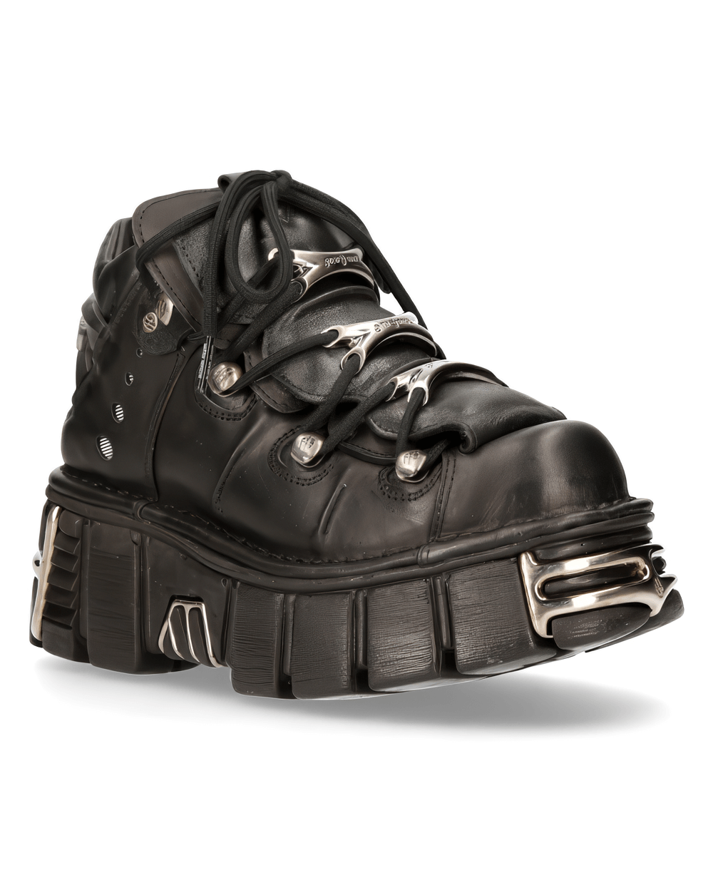 NEW ROCK black gothic ankle boot featuring metallic accents and thick soles for bold style and comfort.