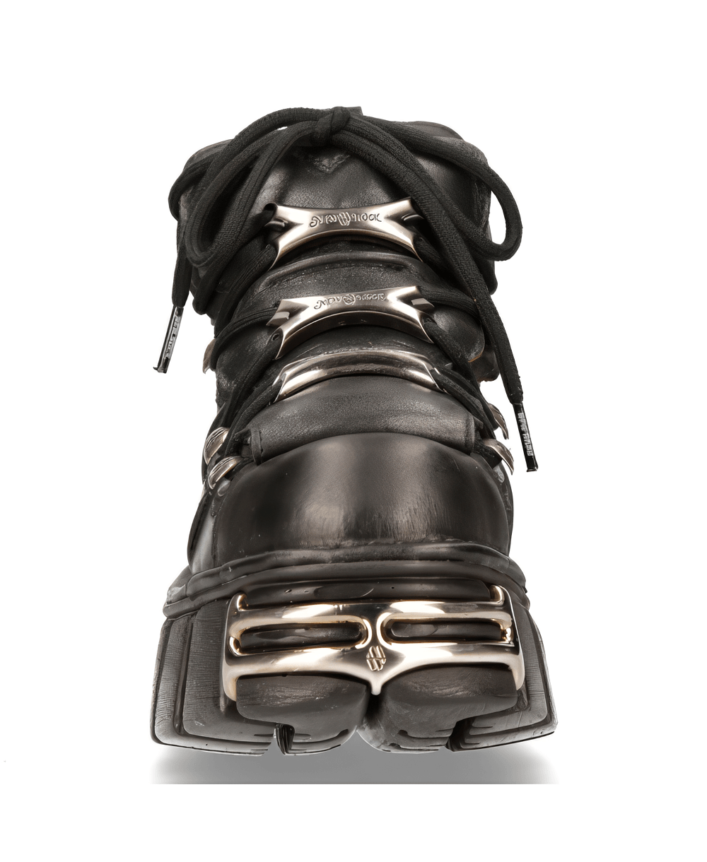 Men's black gothic ankle boots featuring metallic bones and durable PU-ultra sole for style and comfort.