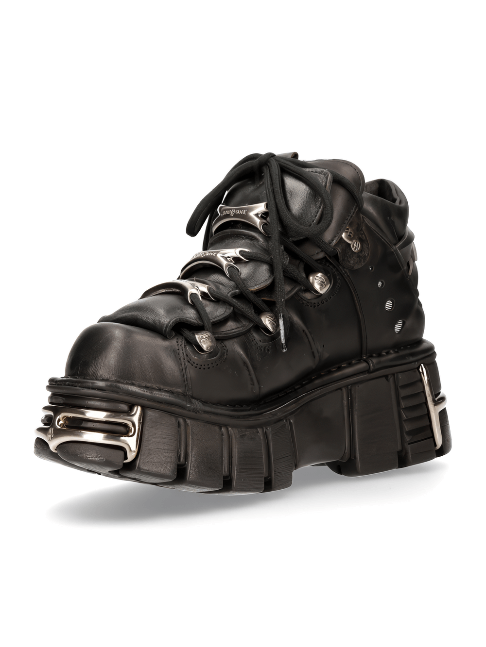 NEW ROCK men's black gothic ankle boots with metallic accents, featuring unique lace details and a chunky sole for bold style.