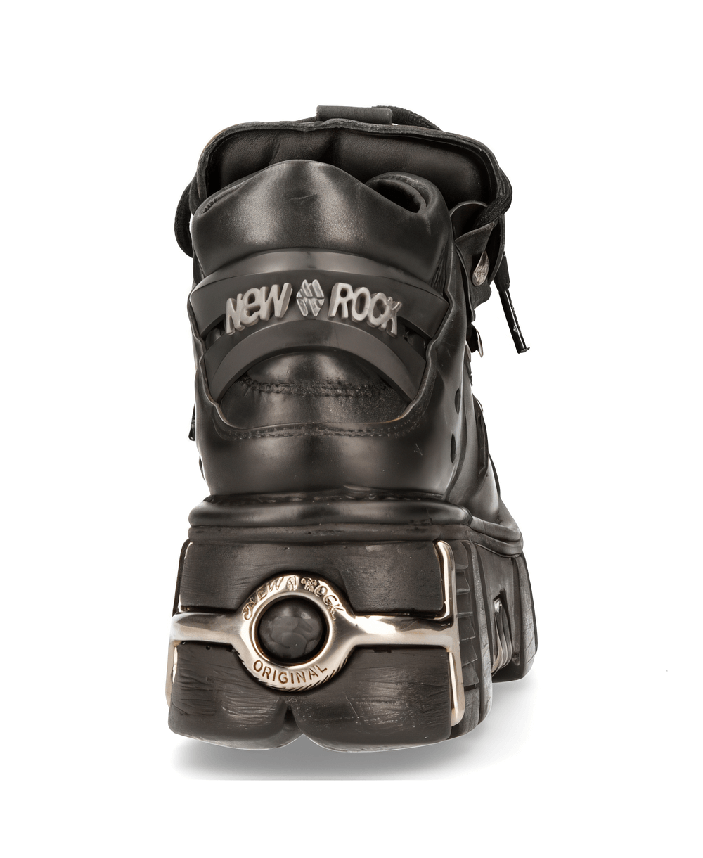 NEW ROCK men's black gothic ankle boots with metallic accents, showcasing unique lace decorations and sturdy design.