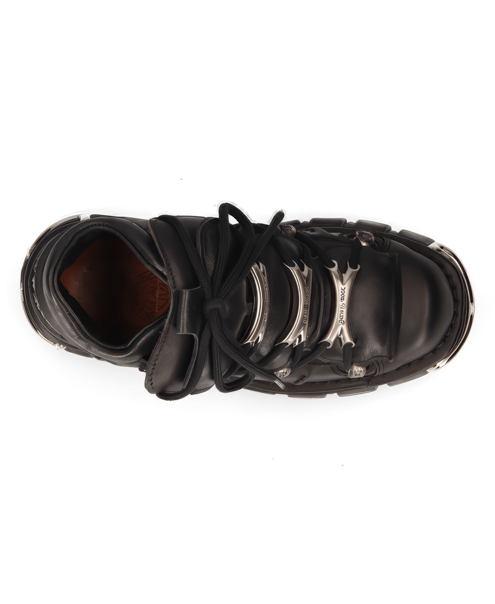 Top view of NEW ROCK Men's black gothic ankle boots with metallic accents and unique lace decorations.