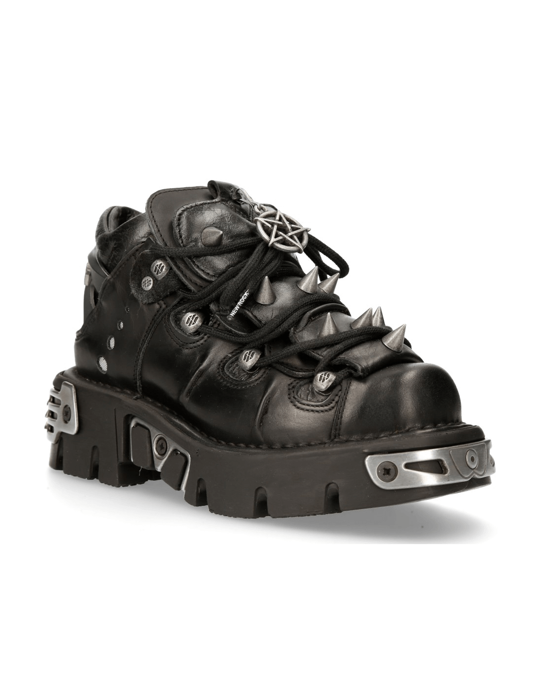 Men's black Gothic ankle boots with spikes and metal trim for a bold, edgy look.