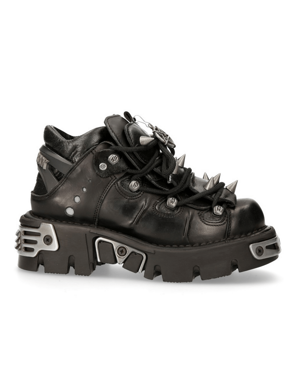 NEW ROCK Men's Black Gothic Ankle Boots with spikes and metal trim, showcasing bold and edgy design.