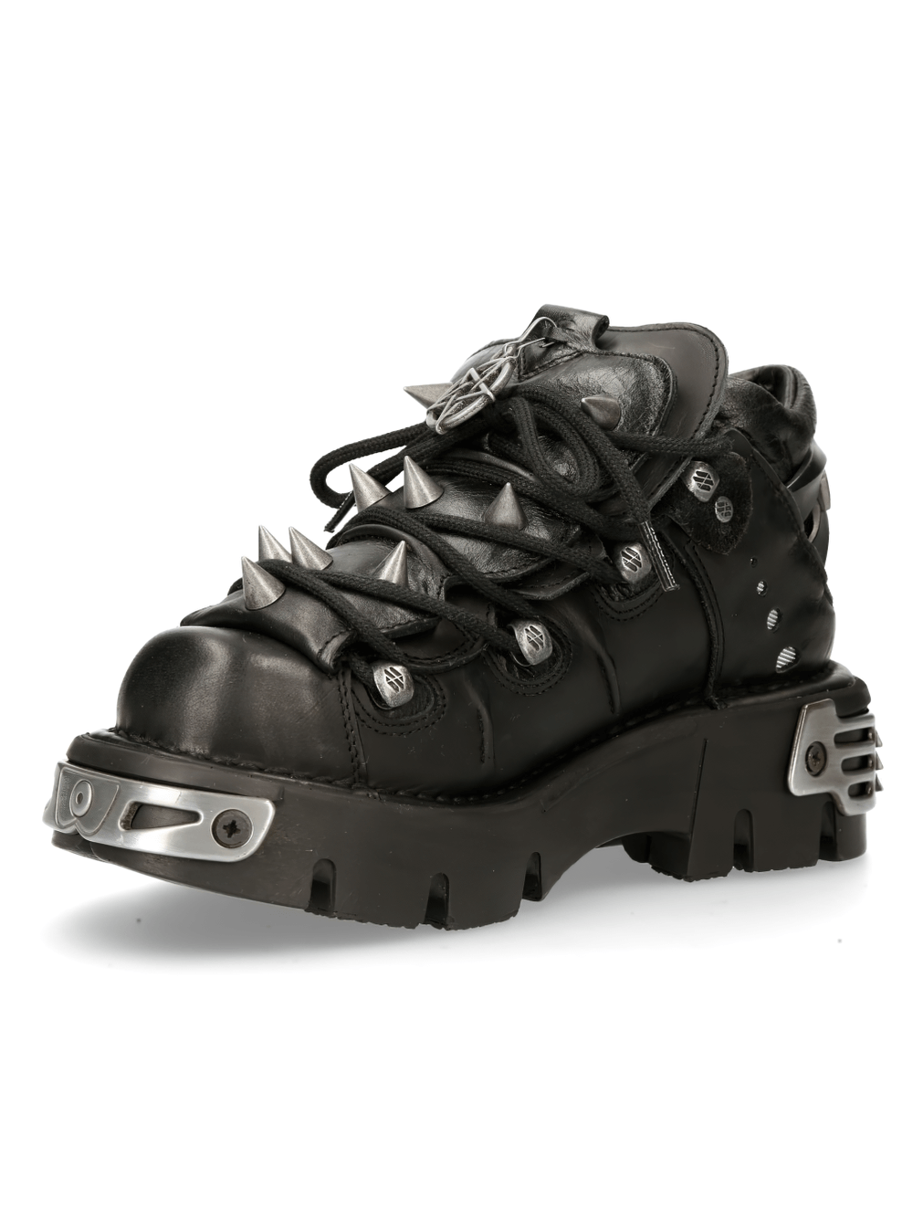 NEW ROCK Men's Gothic Black Ankle Boots with Spikes and Metal Trim for a bold style.