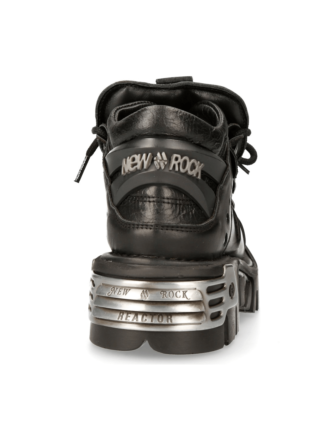 Back view of NEW ROCK black gothic ankle boots featuring spikes and shiny metal trim, perfect for edgy style.