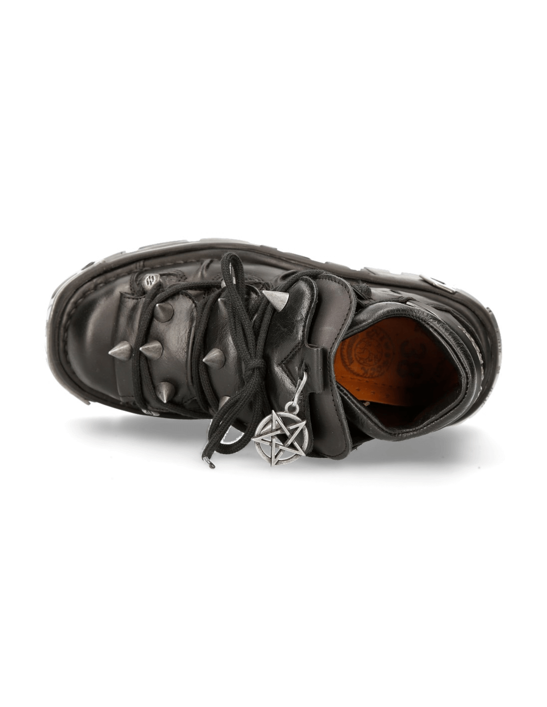 Top view of NEW ROCK Men's Gothic black ankle boots with spikes and metal trim, featuring a star ornament on the tongue.