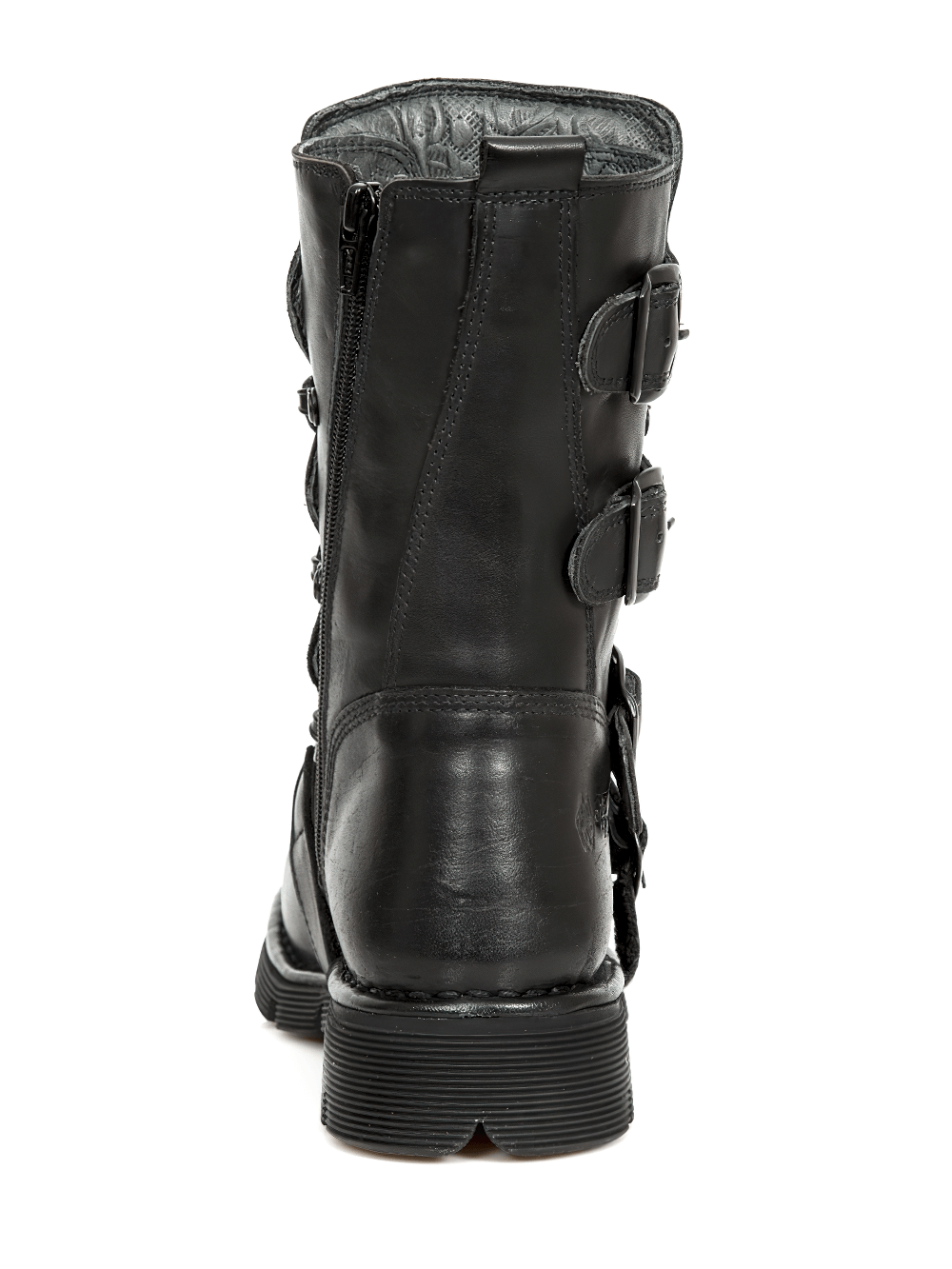 Back view of NEW ROCK Men's Black Gothic Buckled Boots with embossed details and military styling.