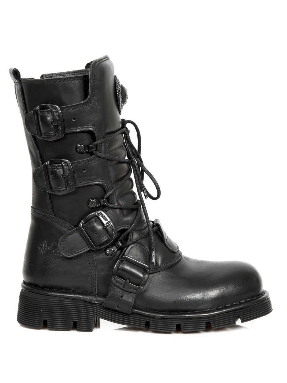 NEW ROCK Men's Black Gothic Buckled Boots with embossed details and military style, crafted from genuine lamb leather.