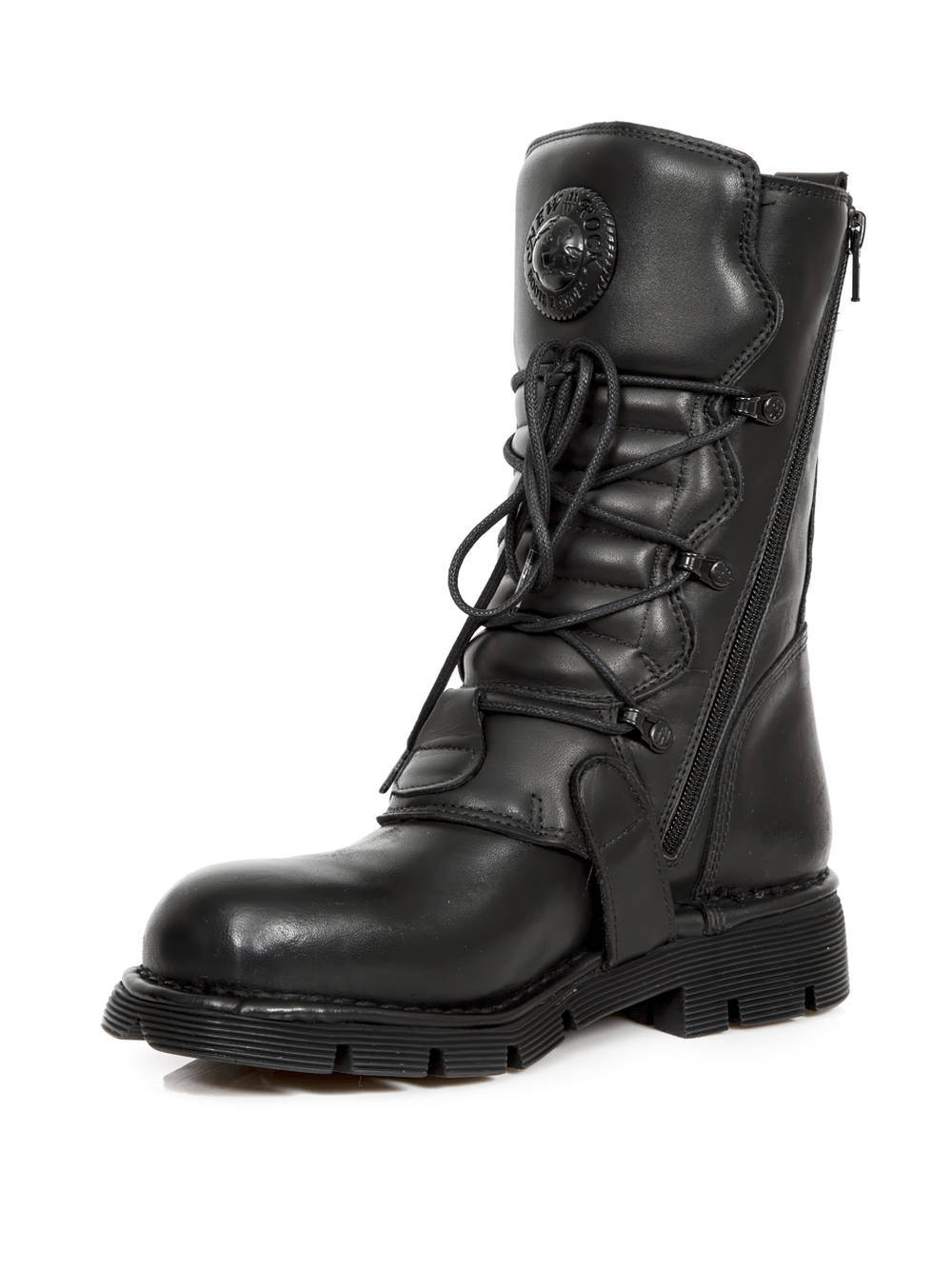 NEW ROCK Men's Black Gothic Buckled Boots featuring embossed details and a rugged military style.