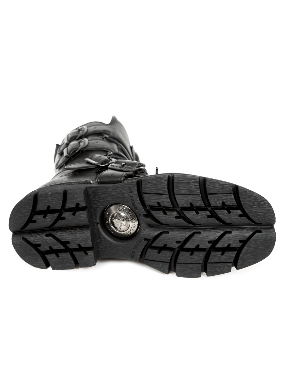 Bottom view of NEW ROCK black gothic buckled boots showcasing rugged tread and embossed detail for durable military style.